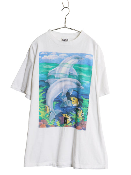 90s 00s イルカ アート イラスト プリント 半袖 Tシャツ メンズ レディース XL 古着 オールド フィッシュ ヘビーウェイト 大きいサイズ 白
