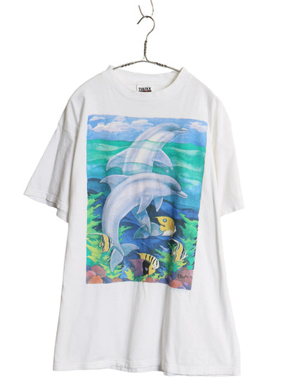 90s 00s イルカ アート イラスト プリント 半袖 Tシャツ メンズ レディース XL 古着 オールド フィッシュ ヘビーウェイト 大きいサイズ 白