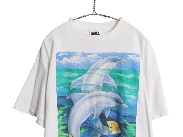 90s 00s イルカ アート イラスト プリント 半袖 Tシャツ メンズ レディース XL 古着 オールド フィッシュ ヘビーウェイト 大きいサイズ 白
