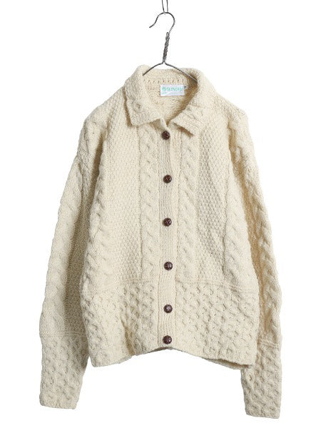 アイランド製 GLENCREE フィッシャーマン ウール ニット カーディガン レディース M / アラン ケーブル セーター 羽織り 前開き ナチュラル