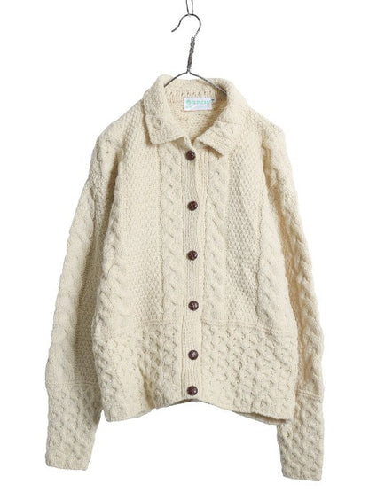 アイランド製 GLENCREE フィッシャーマン ウール ニット カーディガン レディース M / アラン ケーブル セーター 羽織り 前開き ナチュラル