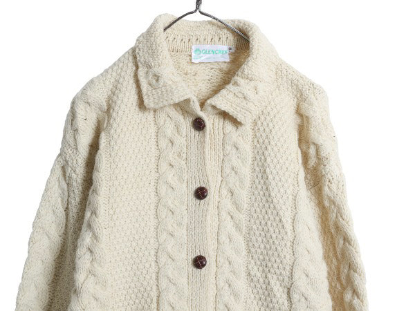アイランド製 GLENCREE フィッシャーマン ウール ニット カーディガン レディース M / アラン ケーブル セーター 羽織り 前開き ナチュラル