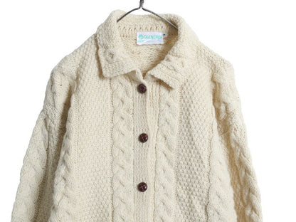 アイランド製 GLENCREE フィッシャーマン ウール ニット カーディガン レディース M / アラン ケーブル セーター 羽織り 前開き ナチュラル