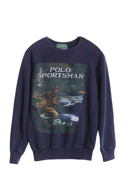 80s ポロカントリー ラルフローレン プリント スウェット キッズ S 140cm ヴィンテージ ポロ スポーツマン フィッシング トレーナー 裏起毛
