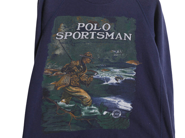 80s ポロカントリー ラルフローレン プリント スウェット キッズ S 140cm ヴィンテージ ポロ スポーツマン フィッシング トレーナー 裏起毛