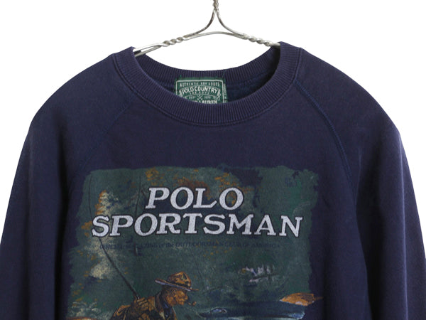 80s ポロカントリー ラルフローレン プリント スウェット キッズ S 140cm ヴィンテージ ポロ スポーツマン フィッシング トレーナー 裏起毛