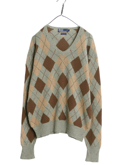 00s ポロ ラルフローレン アーガイル ニット セーター メンズ L / 古着 オールド ウール Vネック 長袖ニット 総柄 マルチカラー トラッド