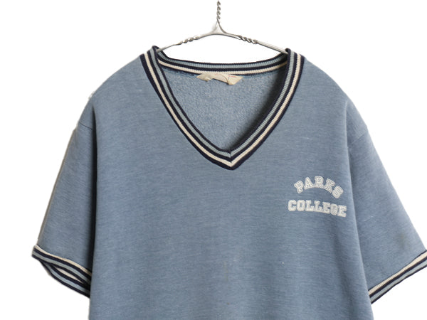 60s ランタグ ★ チャンピオン Vネック 半袖 スウェット メンズ L / ヴィンテージ USA製 リブライン トレーナー カレッジ プリント ブルー