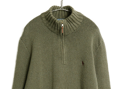 00s ポロ ラルフローレン ハーフジップ コットン ニット セーター メンズ L オールド ハイネック リブ編み ワンポイント ポニー 刺繍 無地