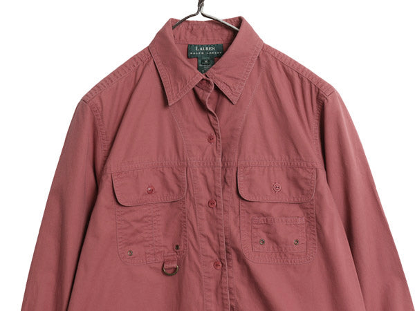 90s ローレン ラルフローレン 長袖 フィッシング シャツ レディース M オールド 長袖シャツ ジャケット コットン サファリ アウトドア 無地