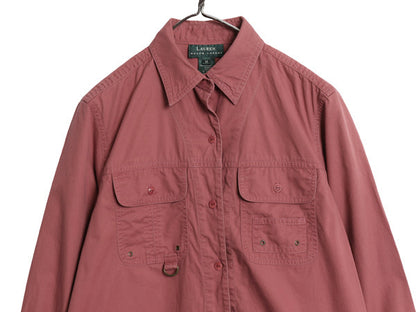 90s ローレン ラルフローレン 長袖 フィッシング シャツ レディース M オールド 長袖シャツ ジャケット コットン サファリ アウトドア 無地