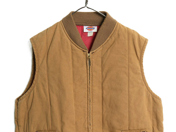 80s USA製 ディッキーズ 中綿 ダック ベスト メンズ XL ヴィンテージ フルジップ キルティング ワーク 腰ゴム 無地 ブラウン 大きいサイズ