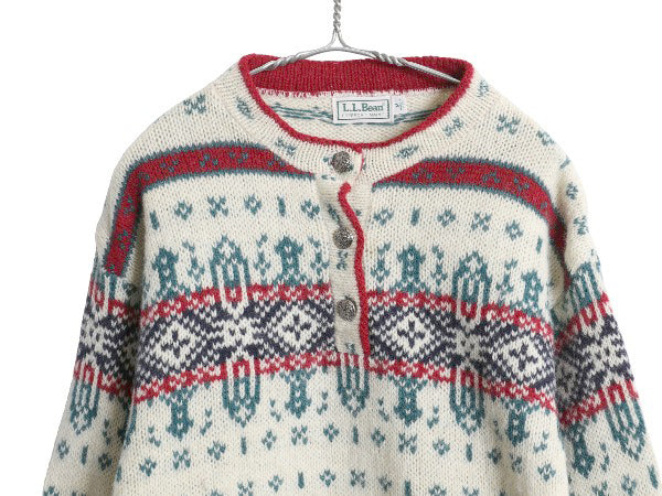 80s USA製 エルエルビーン ヘンリーネック ニット セーター レディース M ヴィンテージ ウール バーズアイ ノルディック 総柄 プルオーバー