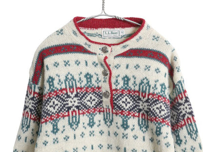 80s USA製 エルエルビーン ヘンリーネック ニット セーター レディース M ヴィンテージ ウール バーズアイ ノルディック 総柄 プルオーバー
