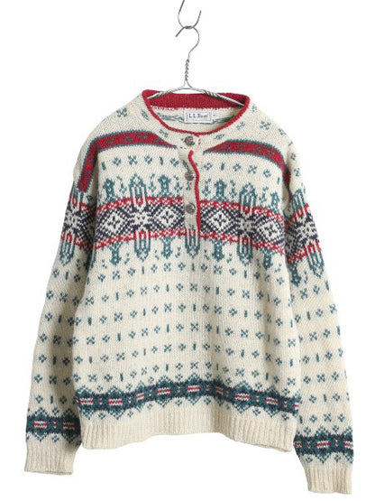 80s USA製 エルエルビーン ヘンリーネック ニット セーター レディース M ヴィンテージ ウール バーズアイ ノルディック 総柄 プルオーバー