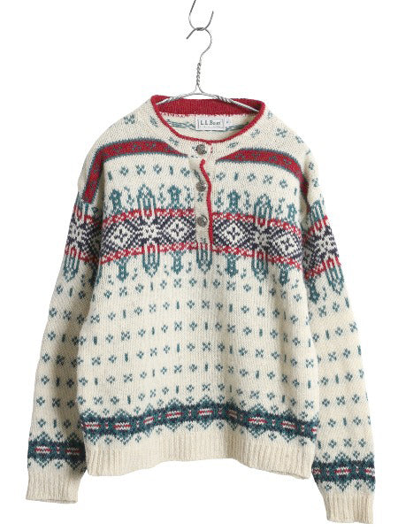 80s USA製 エルエルビーン ヘンリーネック ニット セーター レディース M ヴィンテージ ウール バーズアイ ノルディック 総柄 プルオーバー