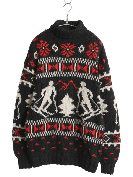 90s LORD&TAYLOR タートルネック ニット セーター メンズ S オールド シェットランド ウール ノルディック バーズアイ 総柄 スキー 絵柄 黒