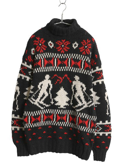90s LORD&TAYLOR タートルネック ニット セーター メンズ S オールド シェットランド ウール ノルディック バーズアイ 総柄 スキー 絵柄 黒
