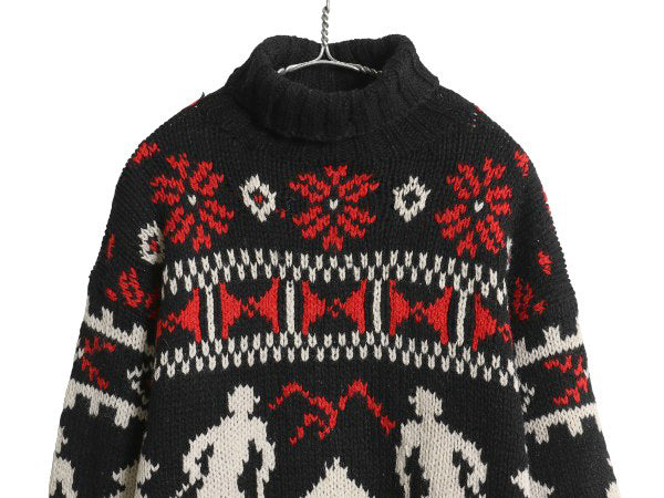 90s LORD&TAYLOR タートルネック ニット セーター メンズ S オールド シェットランド ウール ノルディック バーズアイ 総柄 スキー 絵柄 黒