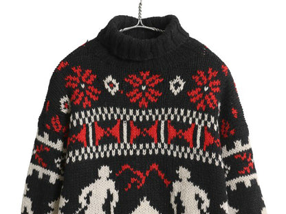 90s LORD&TAYLOR タートルネック ニット セーター メンズ S オールド シェットランド ウール ノルディック バーズアイ 総柄 スキー 絵柄 黒