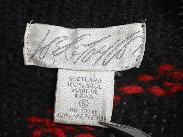 90s LORD&TAYLOR タートルネック ニット セーター メンズ S オールド シェットランド ウール ノルディック バーズアイ 総柄 スキー 絵柄 黒