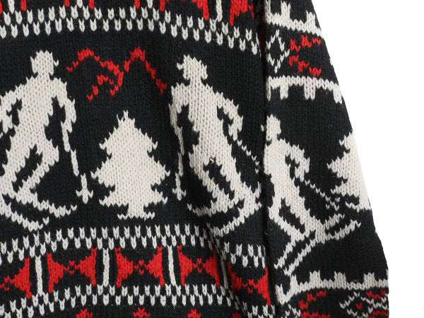 90s LORD&TAYLOR タートルネック ニット セーター メンズ S オールド シェットランド ウール ノルディック バーズアイ 総柄 スキー 絵柄 黒