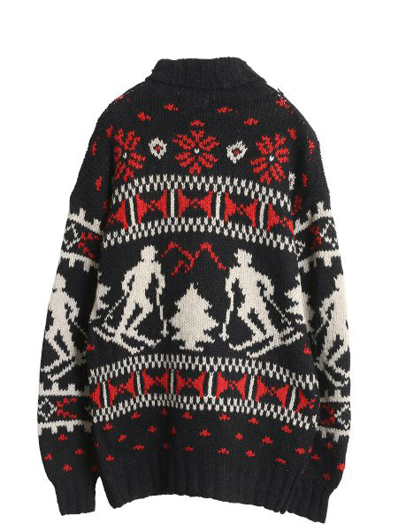 90s LORD&TAYLOR タートルネック ニット セーター メンズ S オールド シェットランド ウール ノルディック バーズアイ 総柄 スキー 絵柄 黒