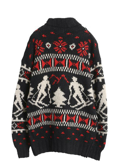 90s LORD&TAYLOR タートルネック ニット セーター メンズ S オールド シェットランド ウール ノルディック バーズアイ 総柄 スキー 絵柄 黒