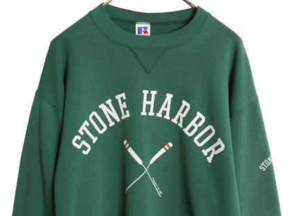 80s 90s USA製 ラッセル 2段 プリント スウェット メンズ レディース L / 古着 ヴィンテージ 前V トレーナー 裏起毛 クルーネック グリーン