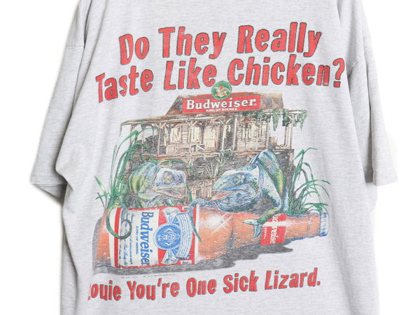 90s ★ バドワイザー カメレオン イラスト プリント Tシャツ メンズ XL / オールド グラフィック ビール 当時物 企業物 アニマル 霜降り 灰