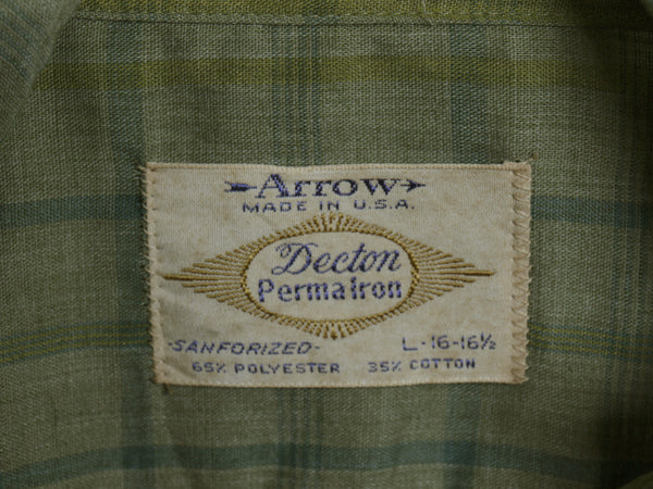 デッドストック 70s ★ アロー チェック オープンカラー 長袖 シャツ メンズ L USA製 ヴィンテージ ループ留め 開襟 ボックス ポケット付き