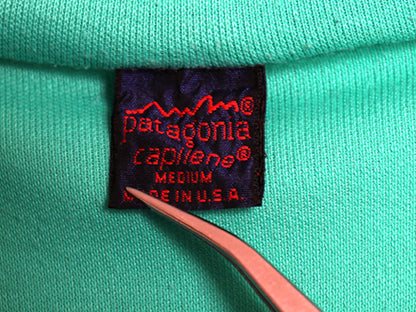 90s USA製 パタゴニア キャプリーン 長袖 Tシャツ メンズ M 古着 90年製 オールド Rマーク ハーフジップ ロンT ストレッチ ハイネック 緑