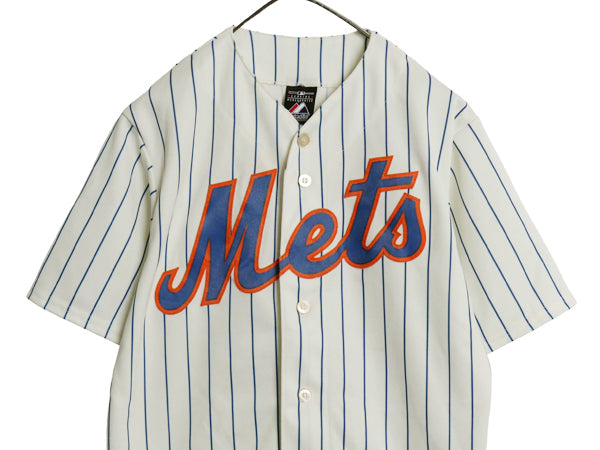 メッツ ベースボール シャツ メンズ S MLB オフィシャル マジェスティック 大リーグ ユニフォーム ゲームシャツ メジャーリーグ ストライプ