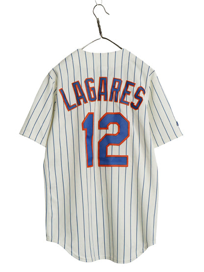 メッツ ベースボール シャツ メンズ S MLB オフィシャル マジェスティック 大リーグ ユニフォーム ゲームシャツ メジャーリーグ ストライプ