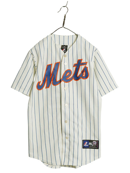 メッツ ベースボール シャツ メンズ S MLB オフィシャル マジェスティック 大リーグ ユニフォーム ゲームシャツ メジャーリーグ ストライプ