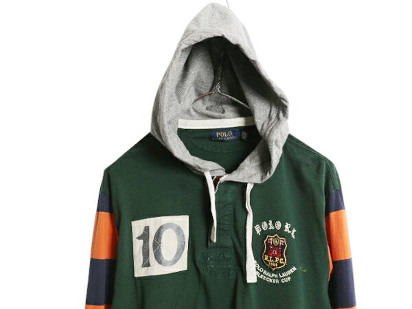 ポロ ラルフローレン フード付き 長袖 Tシャツ メンズ L / 古着 パーカー ロンT ラガーシャツ タイプ プルオーバー ナンバリング ボーダー