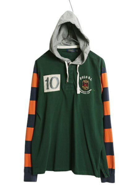 ポロ ラルフローレン フード付き 長袖 Tシャツ メンズ L / 古着 パーカー ロンT ラガーシャツ タイプ プルオーバー ナンバリング ボーダー