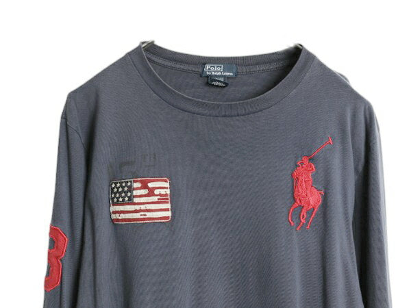 ビッグポニー ポロ ラルフローレン 長袖 Tシャツ ボーイズ XL メンズ M 程 ロンT クルーネック ナンバリング ステンシル 星条旗 カットソー