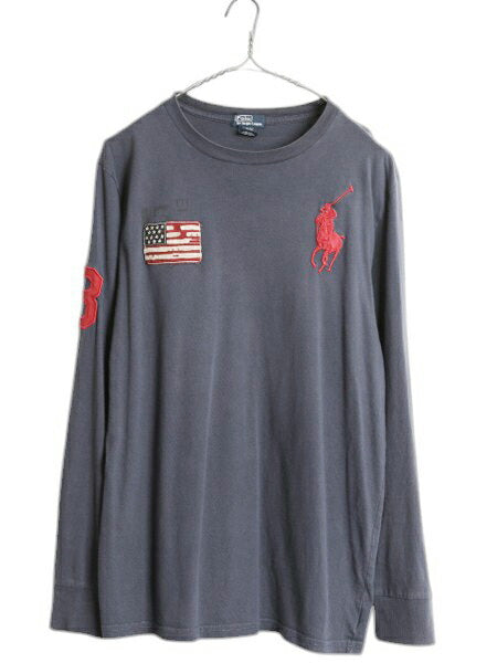 ビッグポニー ポロ ラルフローレン 長袖 Tシャツ ボーイズ XL メンズ M 程 ロンT クルーネック ナンバリング ステンシル 星条旗 カットソー