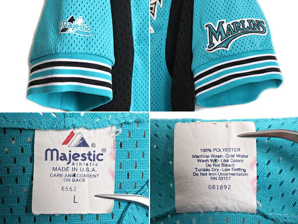 USA製 MLB オフィシャル Majestic マーリンズ ベースボール シャツ メンズ L / ユニフォーム ゲームシャツ メジャーリーグ 半袖シャツ 廃盤