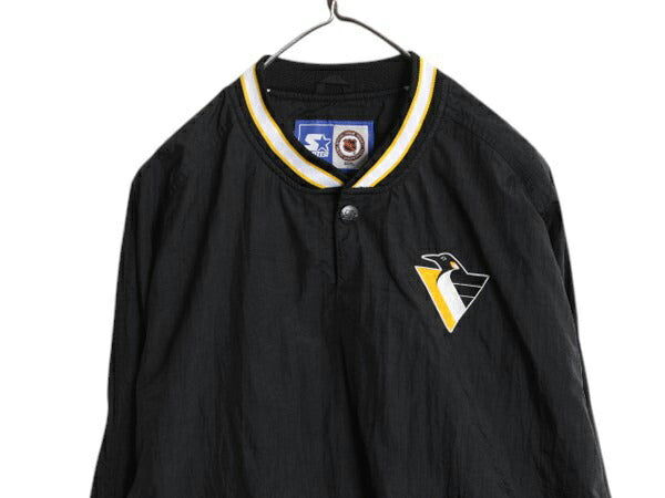 90s NHL オフィシャル スターター ペンギンズ プルオーバー ナイロン ジャケット キッズ XL メンズ M 程 オールド ウィンドブレーカー 黒