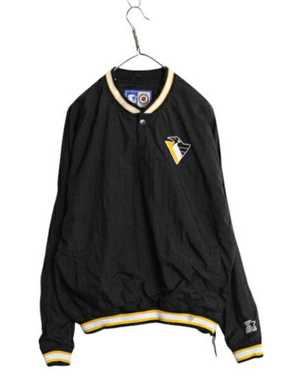 90s NHL オフィシャル スターター ペンギンズ プルオーバー ナイロン ジャケット キッズ XL メンズ M 程 オールド ウィンドブレーカー 黒
