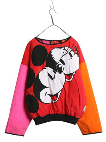 90s ディズニー オフィシャル ミッキー 総柄 中綿 リバーシブル ジャケット メンズ レディース L 程/ オールド キャラクター プルオーバー