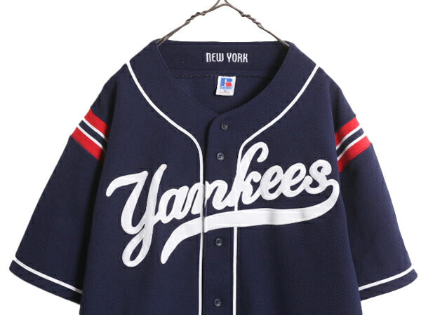 90s MLB オフィシャル ラッセル ヤンキース ベースボール シャツ メンズ XL / ユニフォーム ゲームシャツ メジャーリーグ 半袖シャツ 厚手