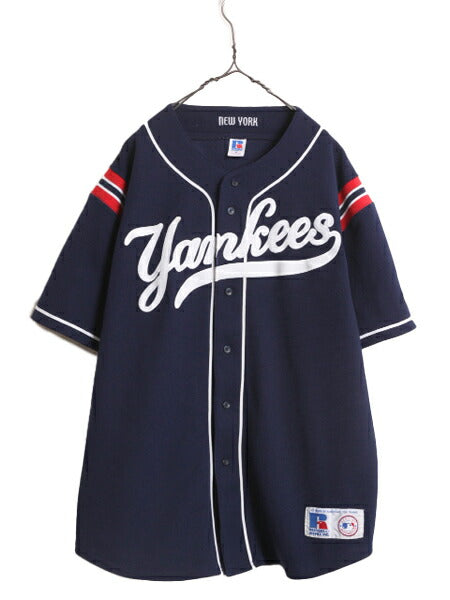90s MLB オフィシャル ラッセル ヤンキース ベースボール シャツ メンズ XL / ユニフォーム ゲームシャツ メジャーリーグ 半袖シャツ 厚手