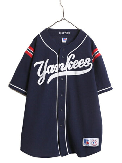 90s MLB オフィシャル ラッセル ヤンキース ベースボール シャツ メンズ XL / ユニフォーム ゲームシャツ メジャーリーグ 半袖シャツ 厚手