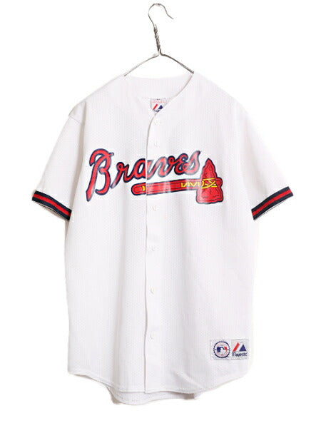 MLB オフィシャル Majestic ブレーブス ベースボール シャツ メンズ L 程 古着 ユニフォーム メジャーリーグ ゲームシャツ 半袖シャツ 野球