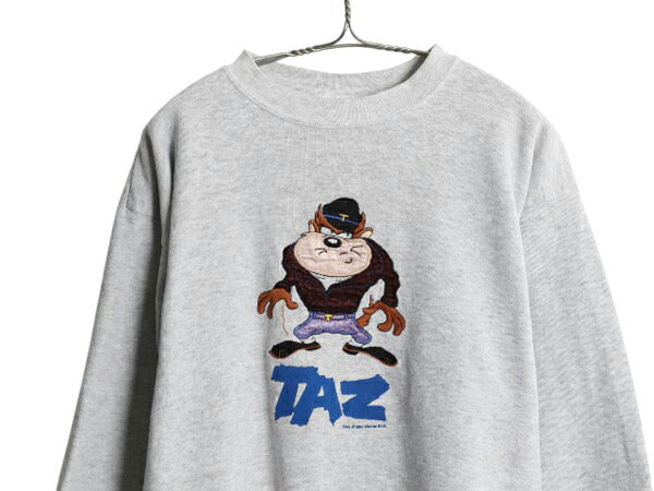 90s ワーナー タズマニアンデビル 刺繍 スウェット メンズ レディース XL 小さめ L 程 古着 オールド キャラクター イラスト トレーナー 灰
