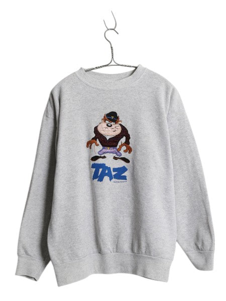 90s ワーナー タズマニアンデビル 刺繍 スウェット メンズ レディース XL 小さめ L 程 古着 オールド キャラクター イラスト トレーナー 灰