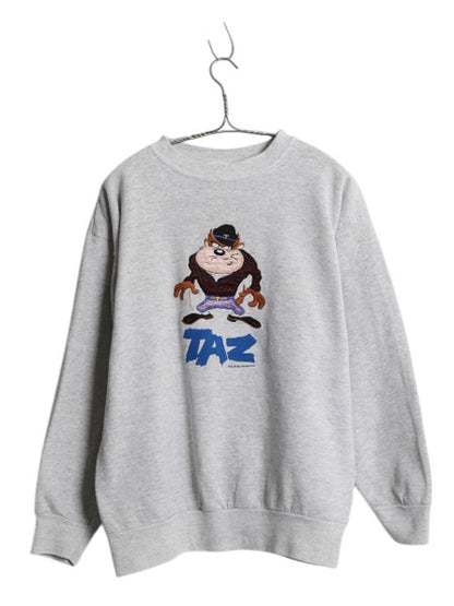 90s ワーナー タズマニアンデビル 刺繍 スウェット メンズ レディース XL 小さめ L 程 古着 オールド キャラクター イラスト トレーナー 灰